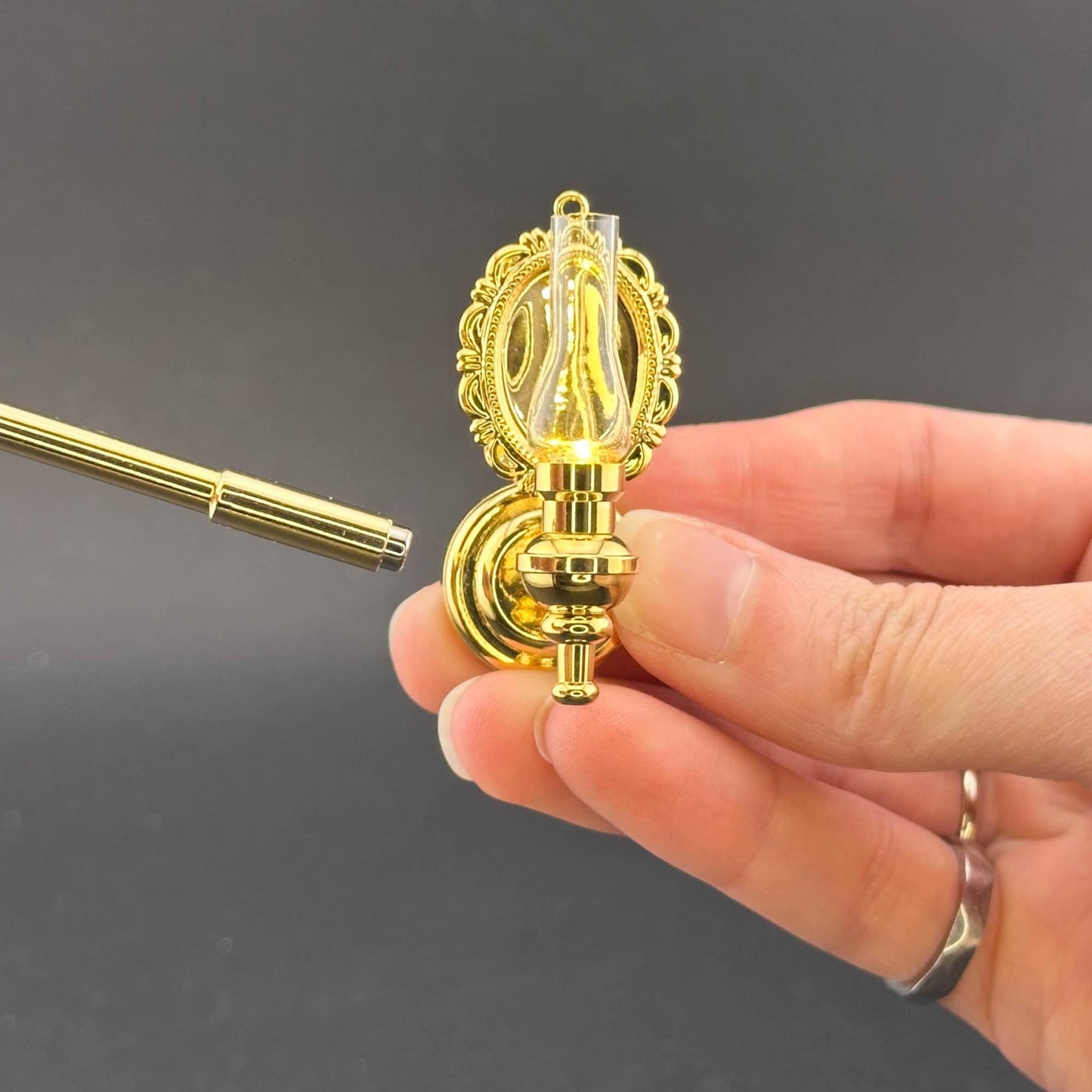 Miniature Touchless operation with Wand 1:12 Fancy Victorian wall sconce oil lamp LED light Dollhouse No-touch No-Switch Brass