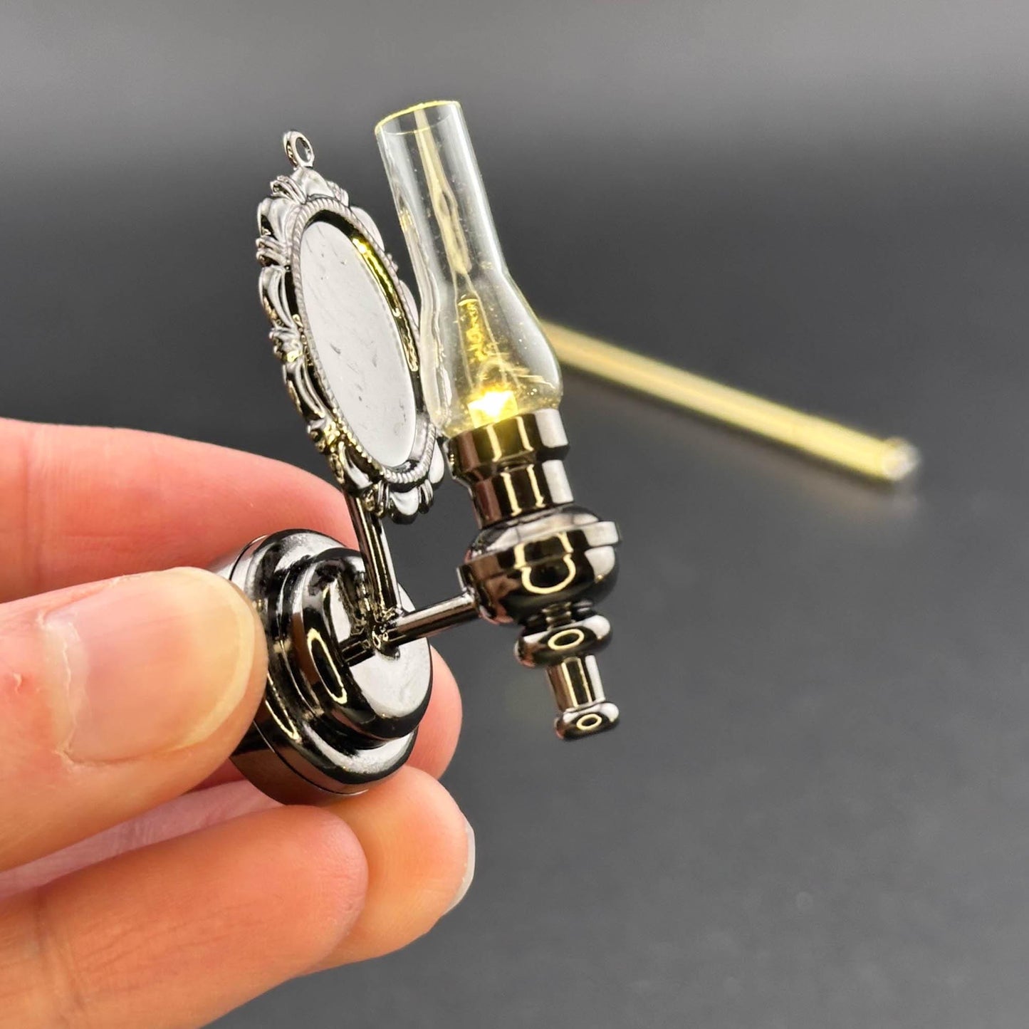 Miniature Touchless operation with Wand 1:12 Fancy Victorian wall sconce oil lamp LED light Dollhouse No-touch No-Switch Gunmetal Black