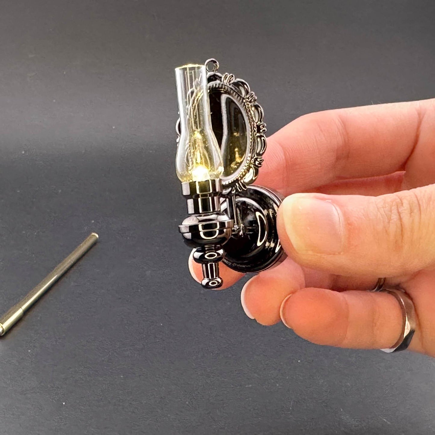 Miniature Touchless operation with Wand 1:12 Fancy Victorian wall sconce oil lamp LED light Dollhouse No-touch No-Switch Gunmetal Black