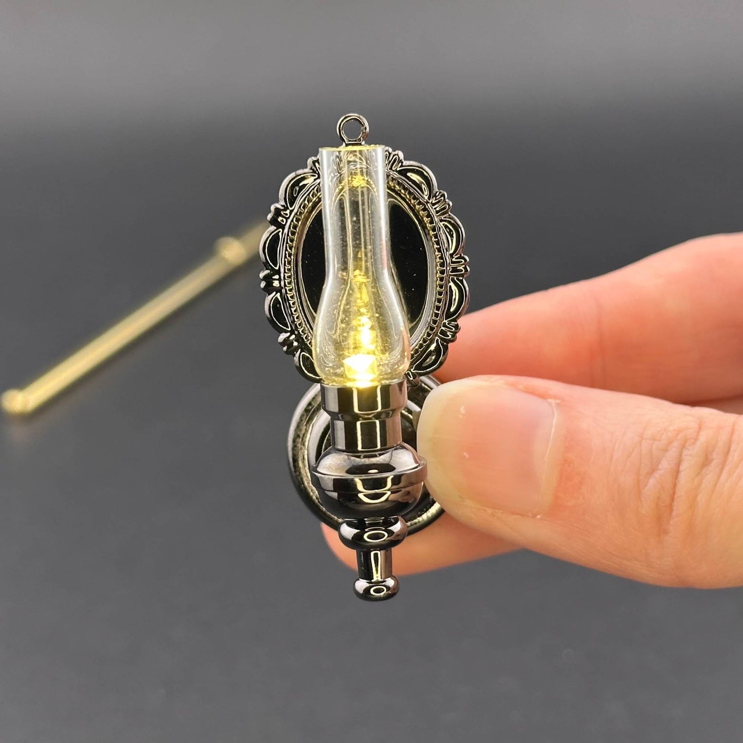 Miniature Touchless operation with Wand 1:12 Fancy Victorian wall sconce oil lamp LED light Dollhouse No-touch No-Switch Gunmetal Black