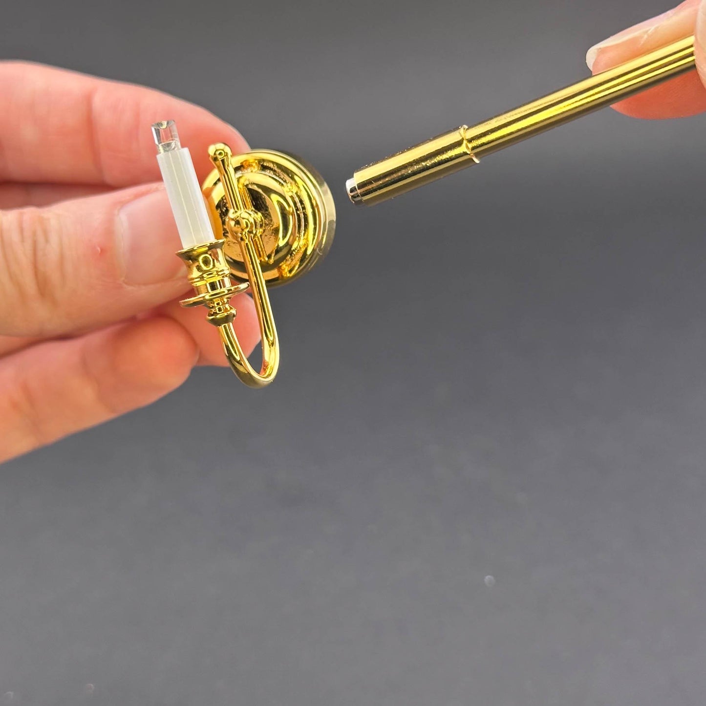 Miniature Touchless operation with Wand 1:12 brass Wall sconce candle lamp LED light Dollhouse No-touch No-Switch Stick Fairy Magic