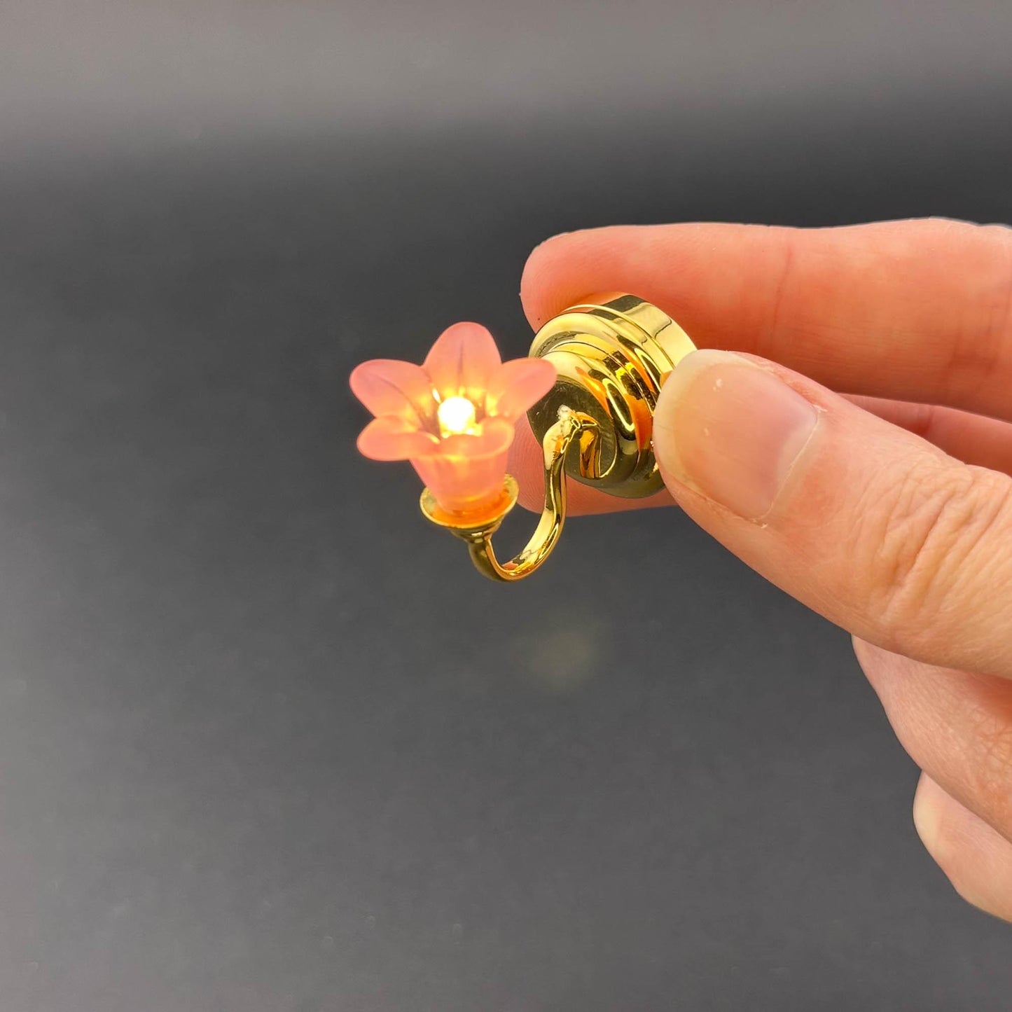 Miniature Touchless operation with Wand 1:12 brass Wall sconce pink tulip lamp LED light Dollhouse No-touch No-Switch Stick Fairy Magic