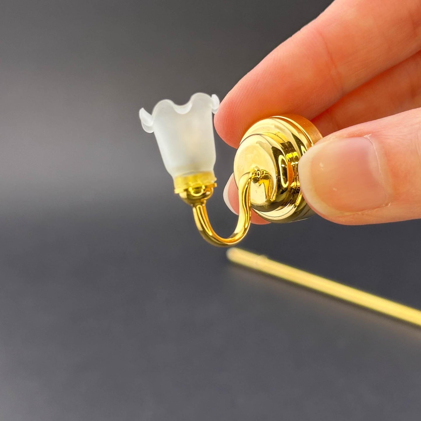 Miniature Touchless operation with Wand 1:12 brass Wall sconce frosted tulip lamp LED light Dollhouse No-touch No-Switch Stick Fairy Magic