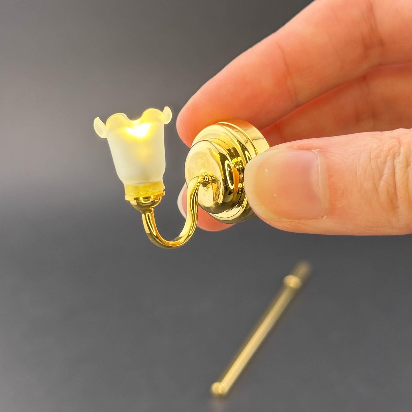 Miniature Touchless operation with Wand 1:12 brass Wall sconce frosted tulip lamp LED light Dollhouse No-touch No-Switch Stick Fairy Magic