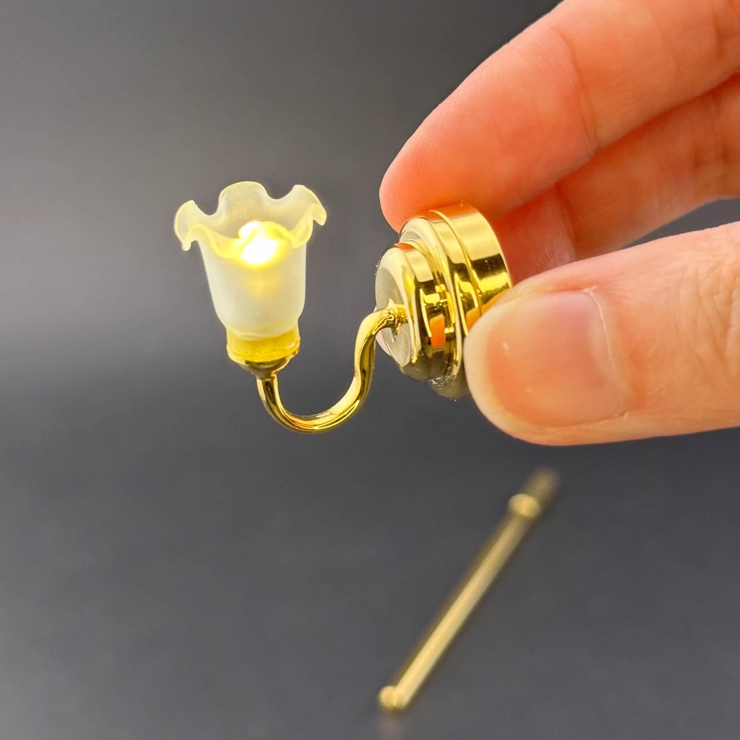 Miniature Touchless operation with Wand 1:12 brass Wall sconce frosted tulip lamp LED light Dollhouse No-touch No-Switch Stick Fairy Magic