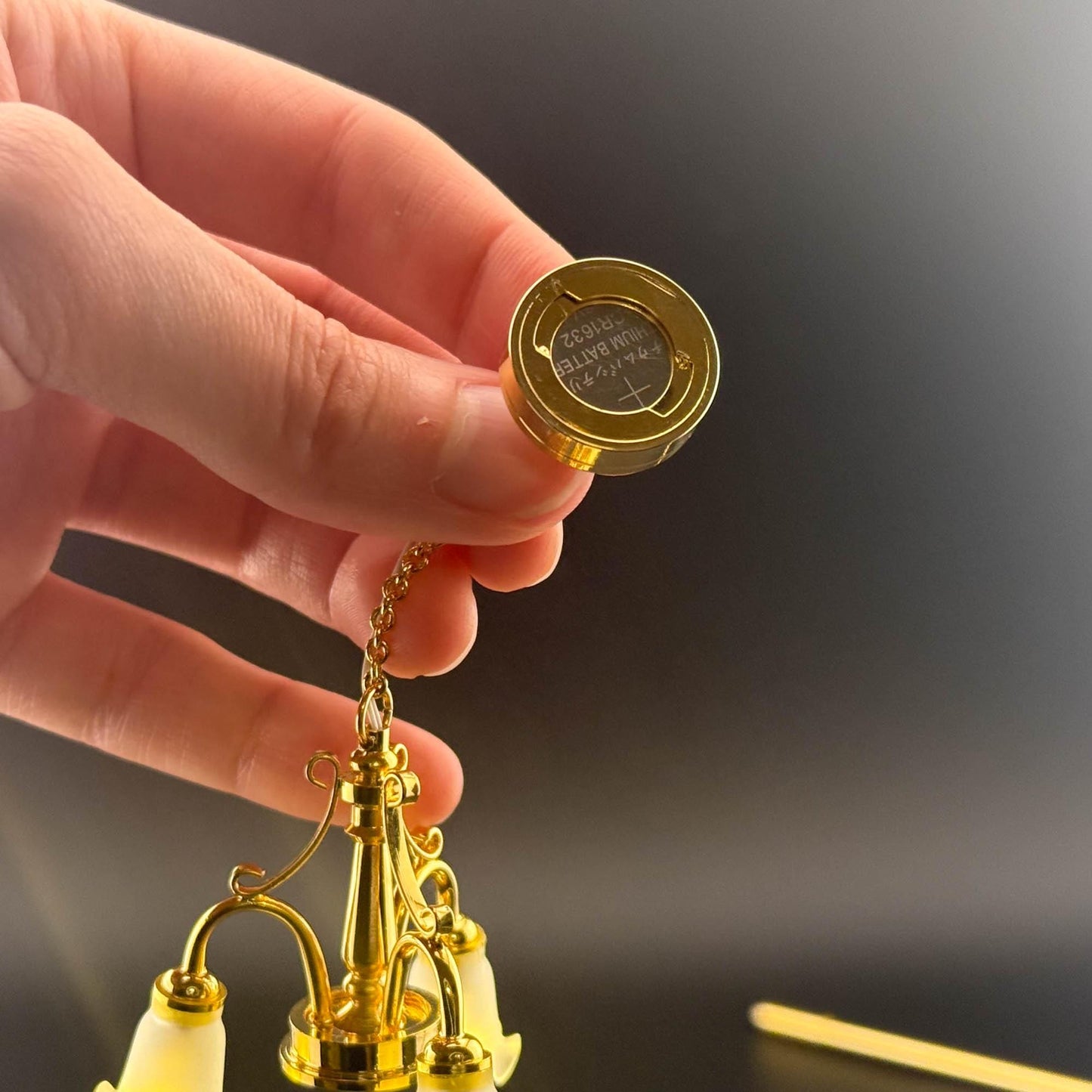 Miniature brass lamp Touchless operation with wand Frosted tulips 3-arms chandelier LED  light 1:12 scale for dollhouse No-touch No-Switch