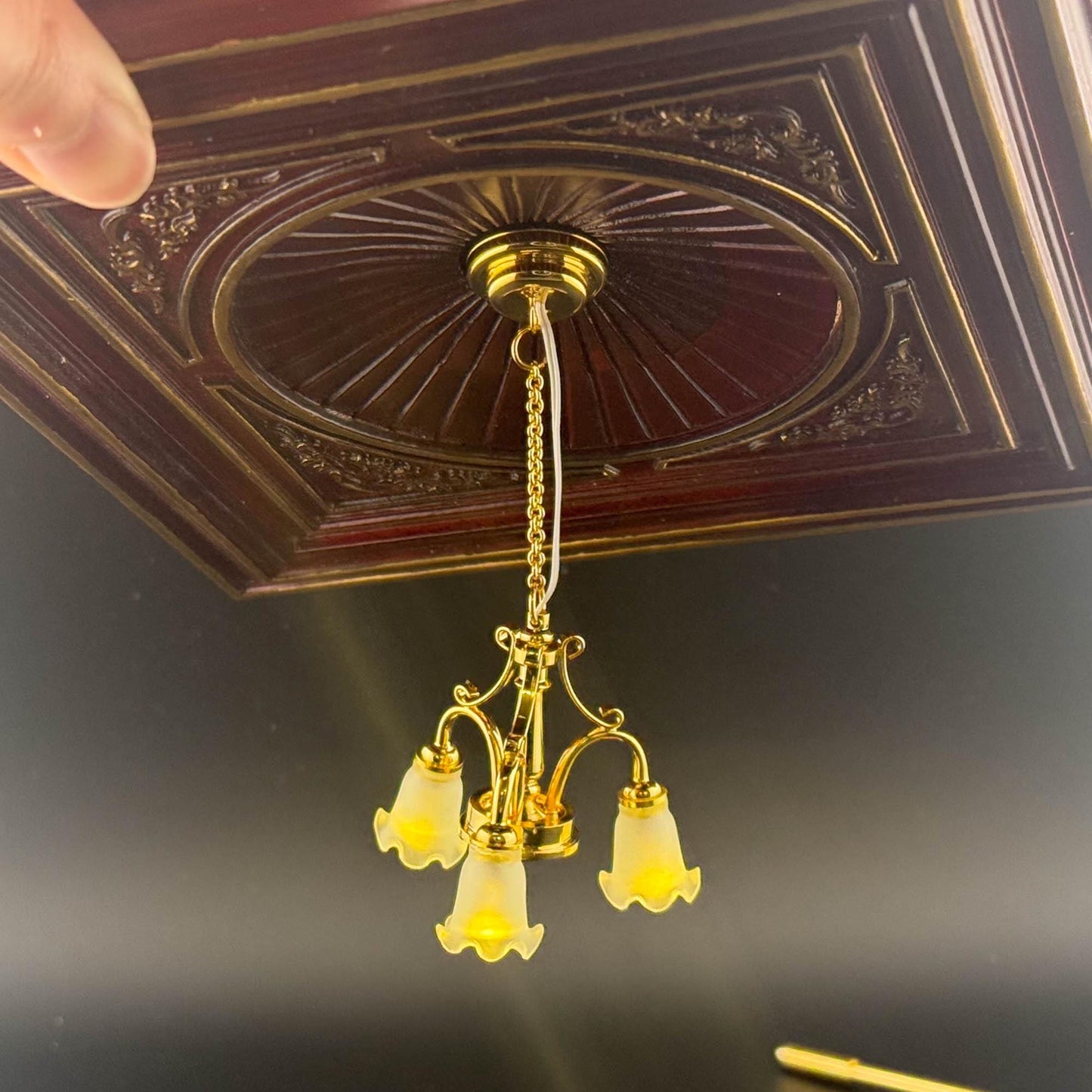 Miniature brass lamp Touchless operation with wand Frosted tulips 3-arms chandelier LED  light 1:12 scale for dollhouse No-touch No-Switch