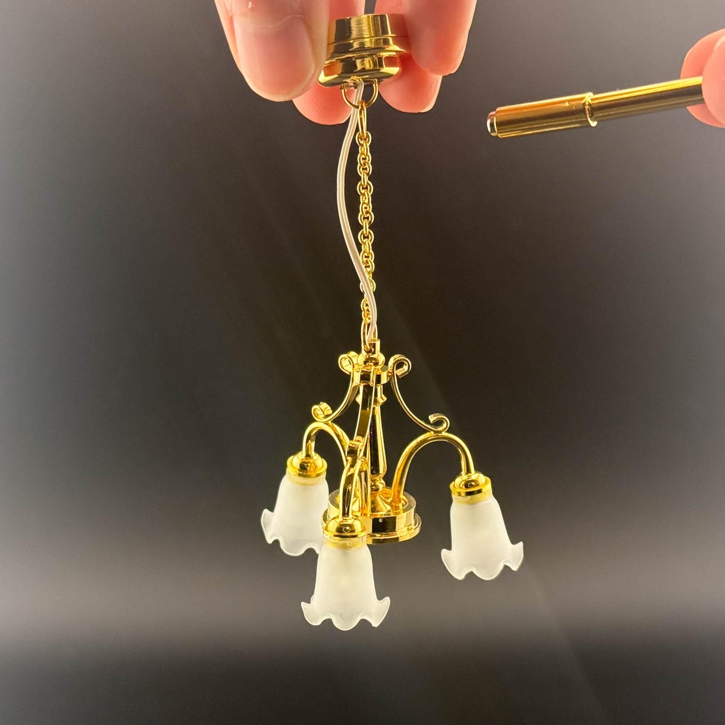 Miniature brass lamp Touchless operation with wand Frosted tulips 3-arms chandelier LED  light 1:12 scale for dollhouse No-touch No-Switch