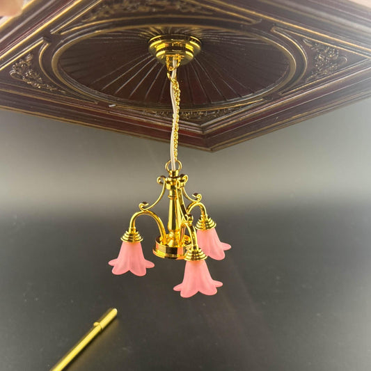 Miniature brass lamp Touchless operation with wand PINK tulips 3-arms chandelier LED  light 1:12 scale for dollhouse No-touch No-Switch