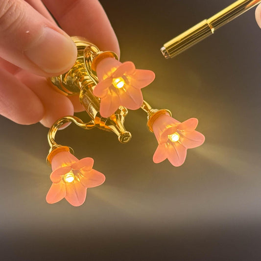 Miniature brass lamp Touchless operation with wand pink down tulips 3-arms chandelier LED  light 1:12 scale for dollhouse No-touch No-Switch
