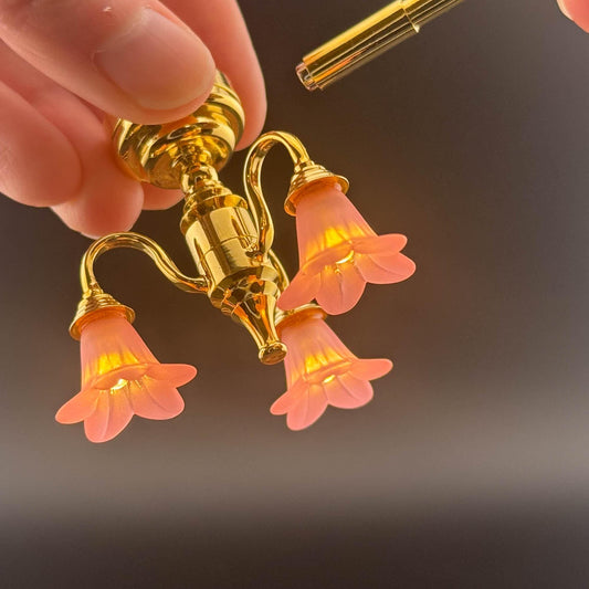 Miniature brass lamp Touchless operation with wand pink down tulips 3-arms chandelier LED  light 1:12 scale for dollhouse No-touch No-Switch