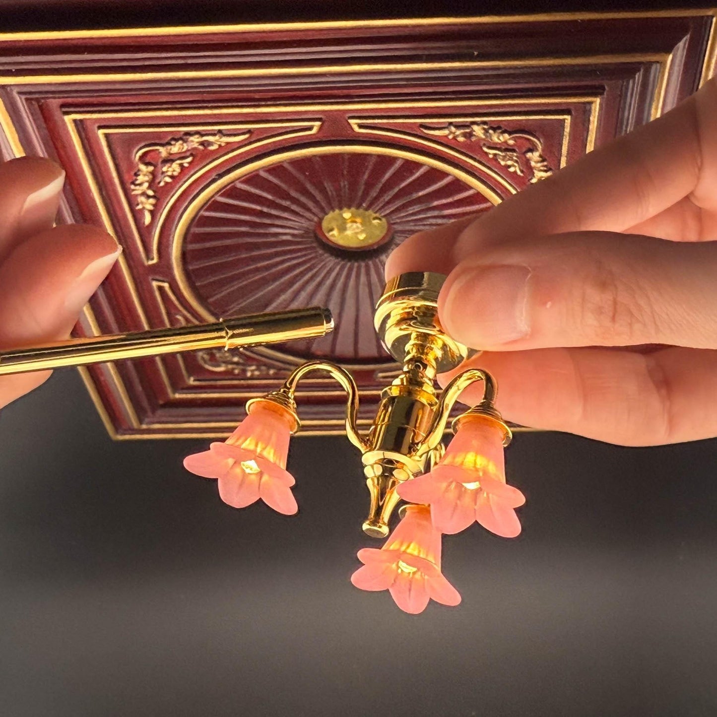 Miniature brass lamp Touchless operation with wand pink down tulips 3-arms chandelier LED  light 1:12 scale for dollhouse No-touch No-Switch