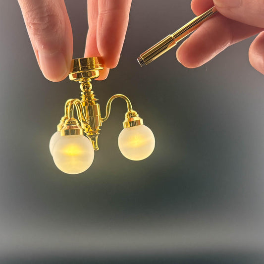 Miniature brass lamp Touchless operation with wand Frosted globe 3-arms chandelier LED  light 1:12 scale for dollhouse No-touch No-Switch