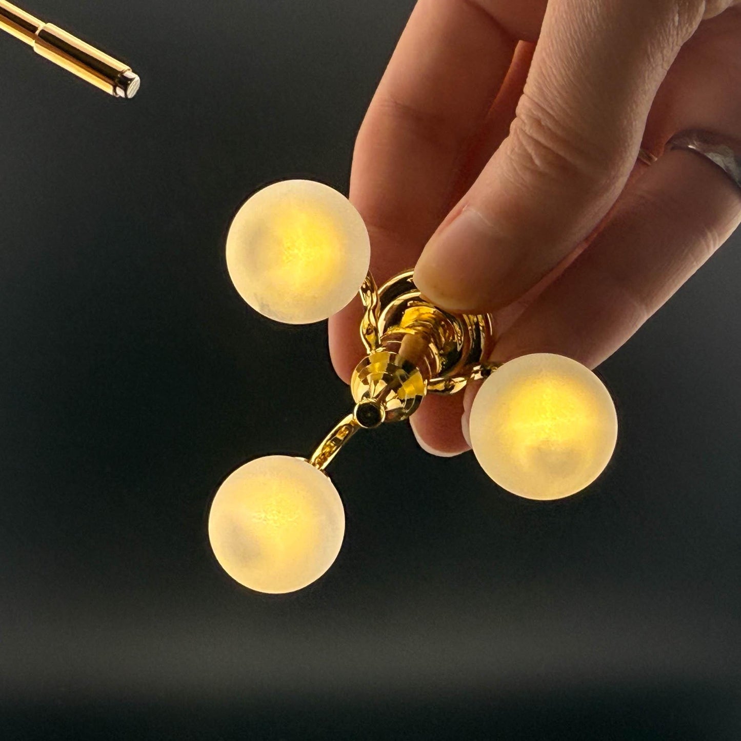 Miniature brass lamp Touchless operation with wand Frosted globe 3-arms chandelier LED  light 1:12 scale for dollhouse No-touch No-Switch