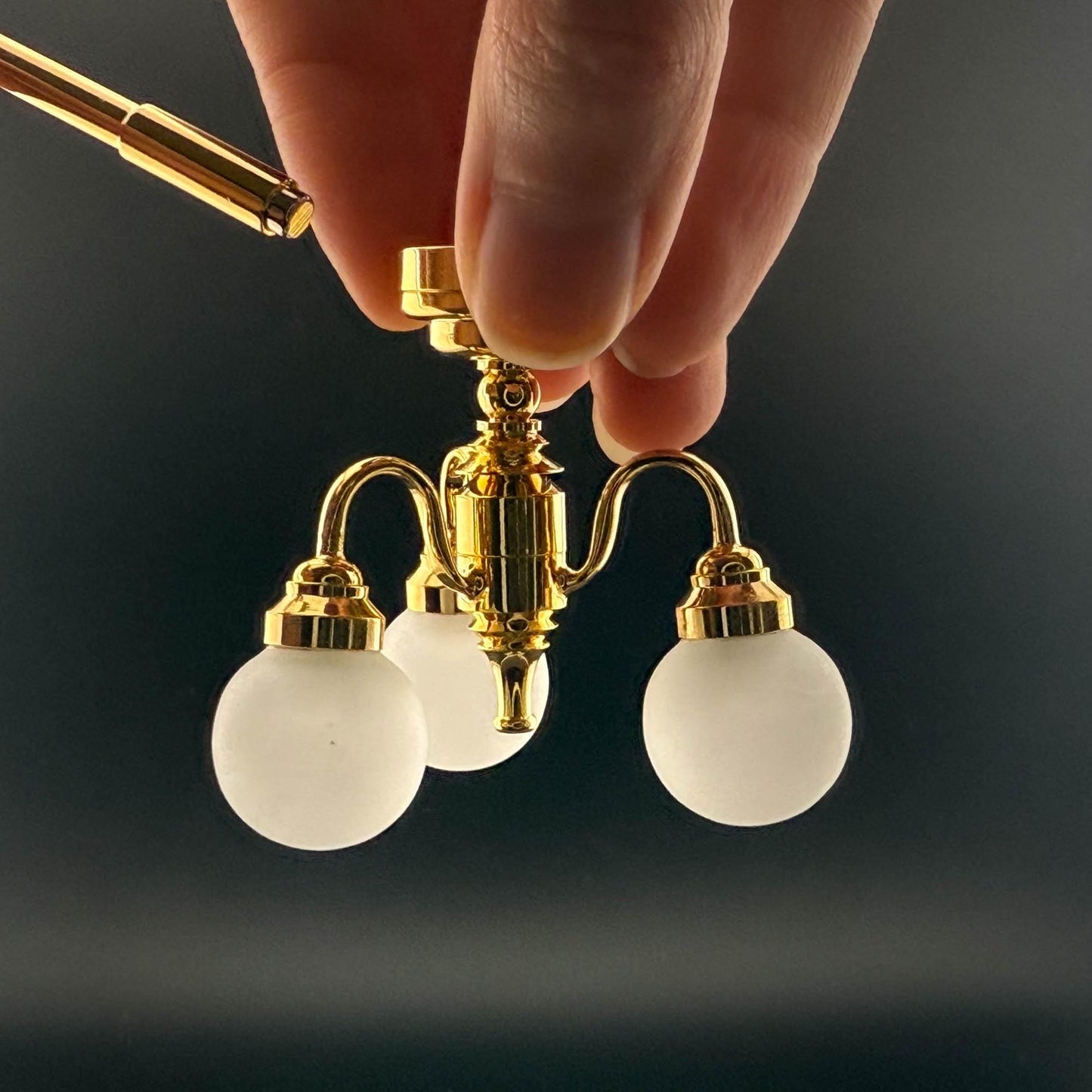 Miniature brass lamp Touchless operation with wand Frosted globe 3-arms chandelier LED  light 1:12 scale for dollhouse No-touch No-Switch