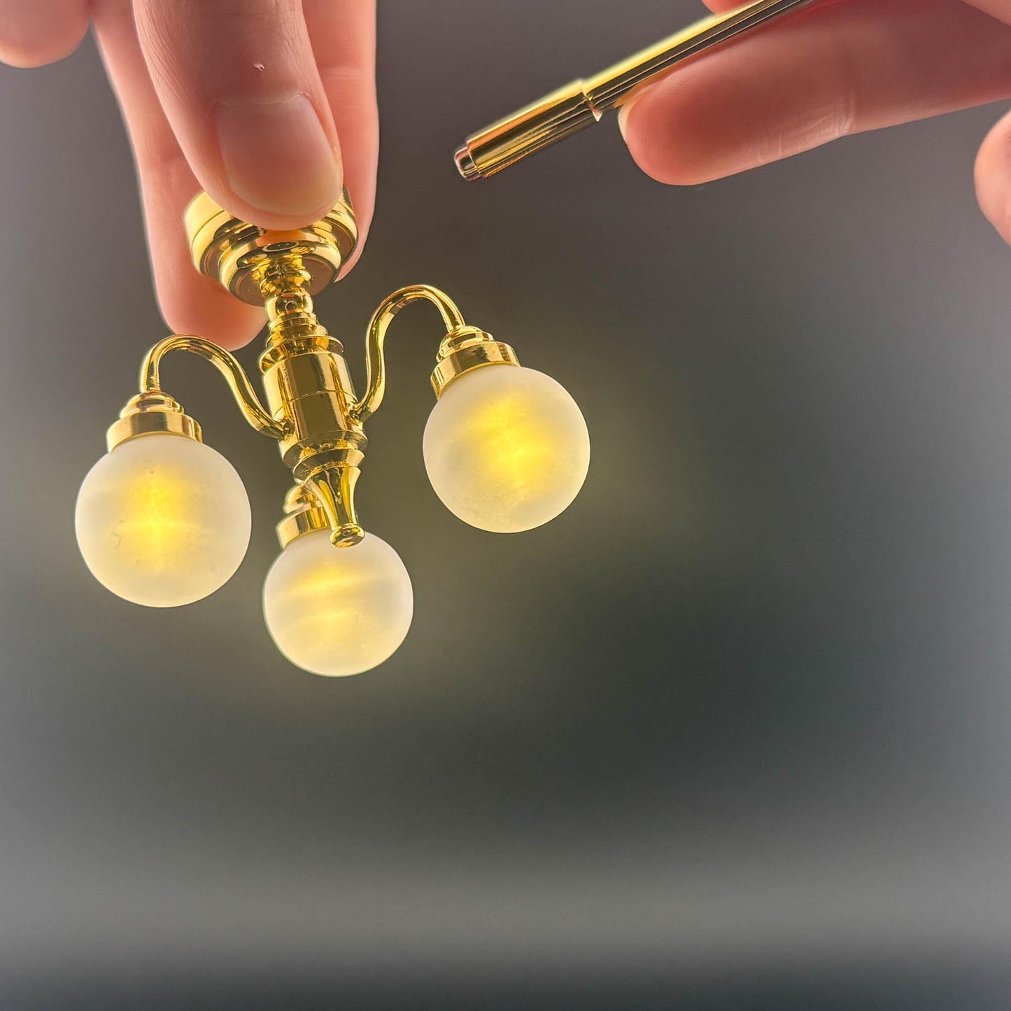 Miniature brass lamp Touchless operation with wand Frosted globe 3-arms chandelier LED  light 1:12 scale for dollhouse No-touch No-Switch