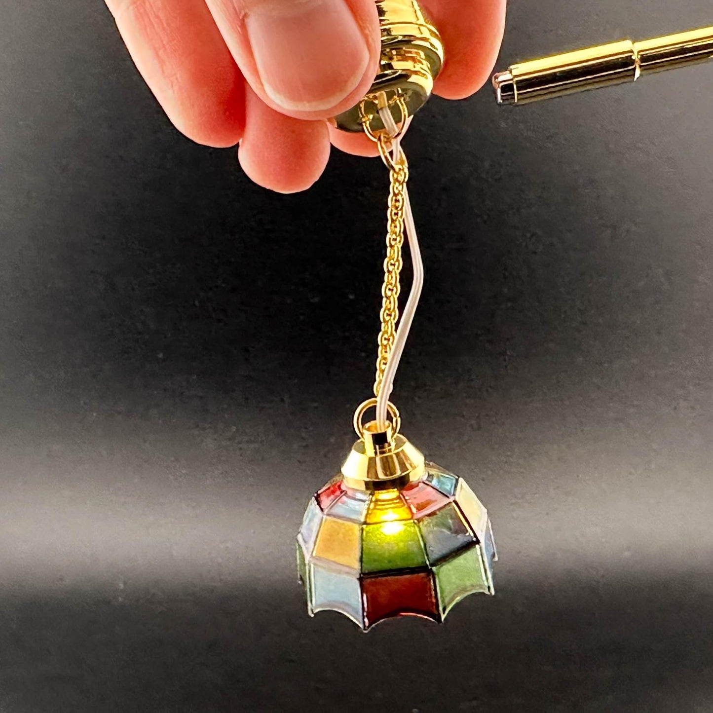 Miniature brass ceiling lamp Touchless operation with wand Tiffany colored shade LED  light 1:12 scale for dollhouse No-touch No-Switch