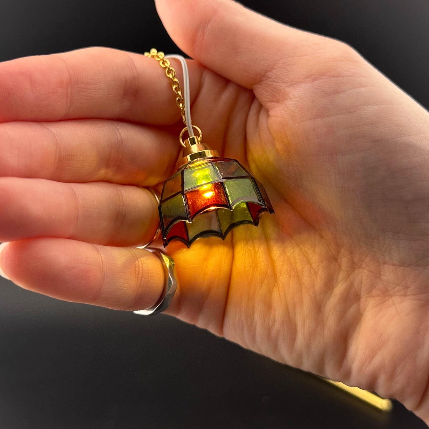 Miniature brass ceiling lamp Touchless operation with wand Tiffany colored shade LED  light 1:12 scale for dollhouse No-touch No-Switch