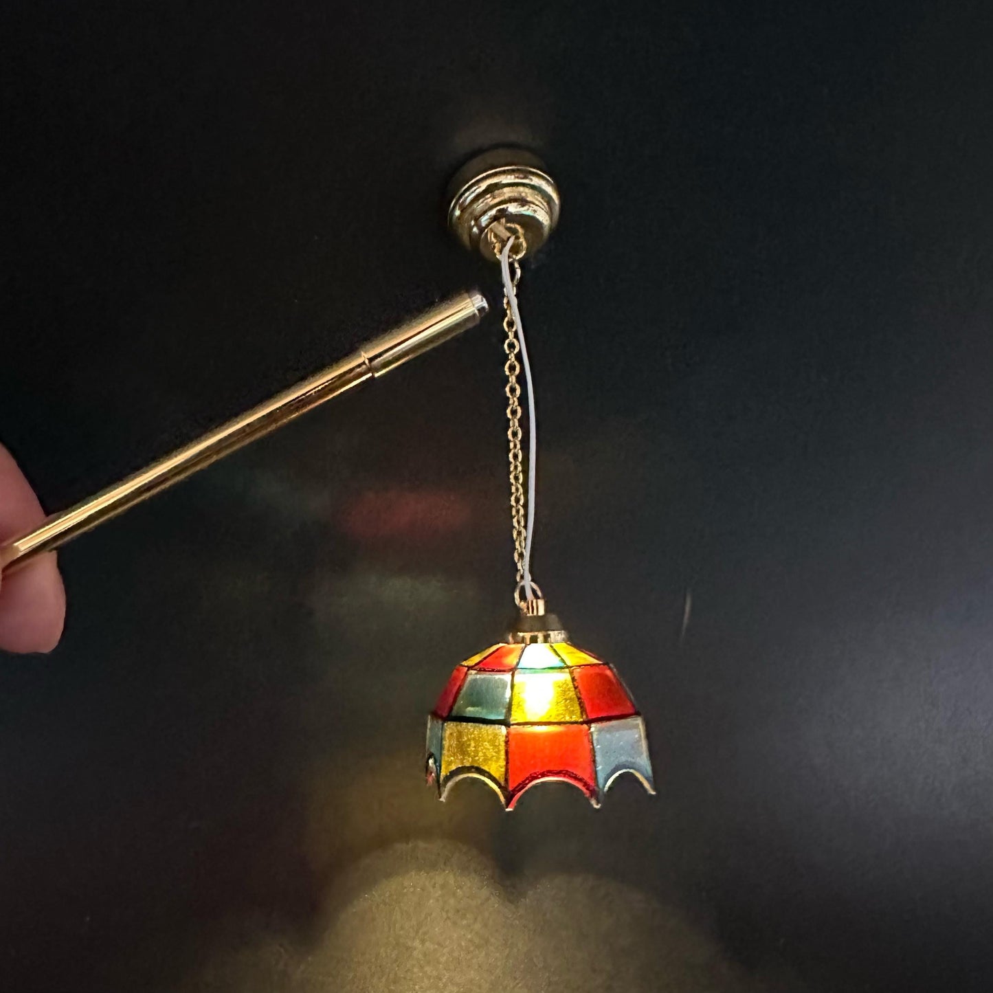 Miniature brass ceiling lamp Touchless operation with wand Tiffany colored shade LED  light 1:12 scale for dollhouse No-touch No-Switch
