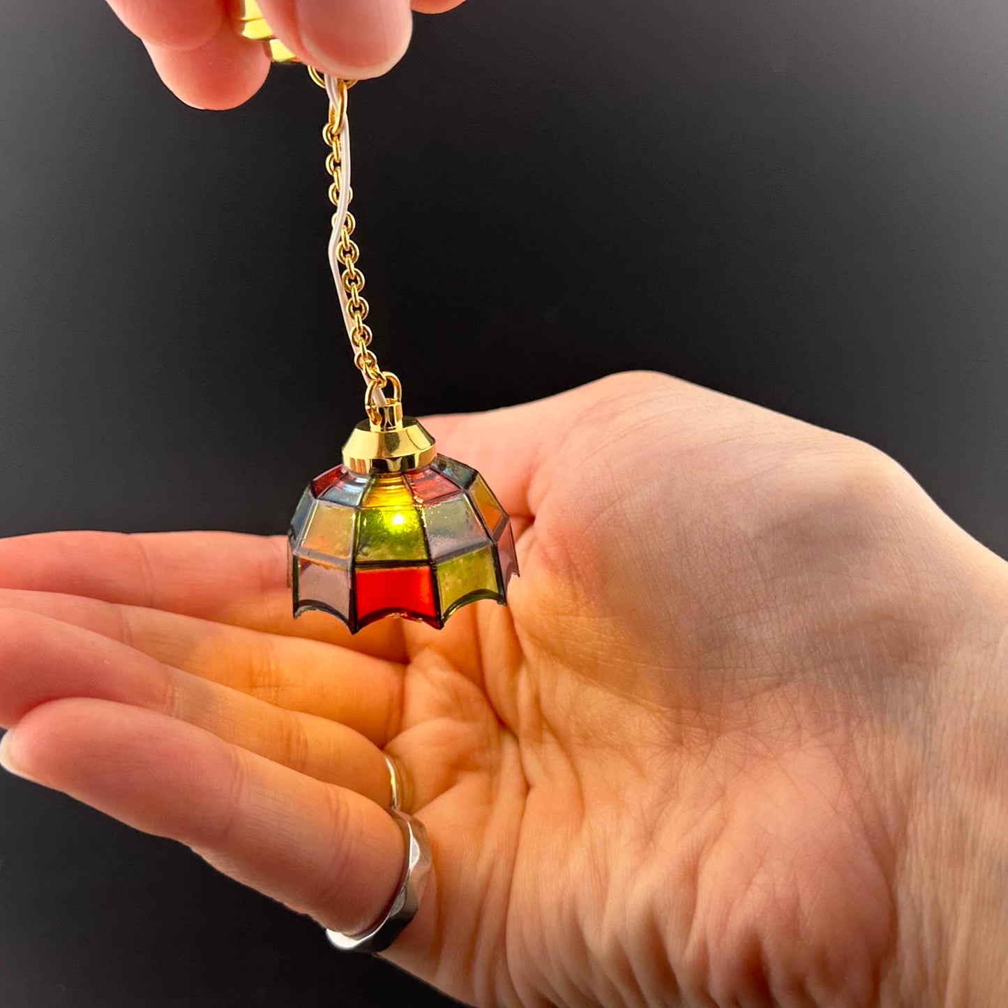 Miniature brass ceiling lamp Touchless operation with wand Tiffany colored shade LED  light 1:12 scale for dollhouse No-touch No-Switch