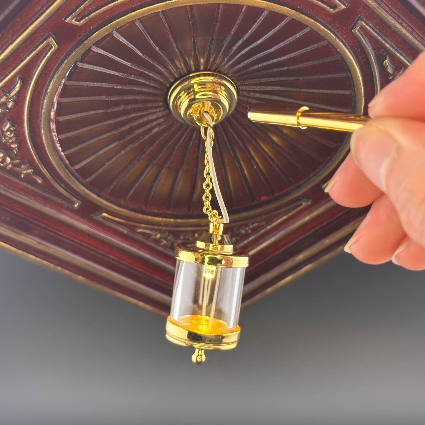 Miniature brass ceiling lamp Touchless operation with wand birdcage LED  light 1:12 scale for dollhouse No-touch No-Switch