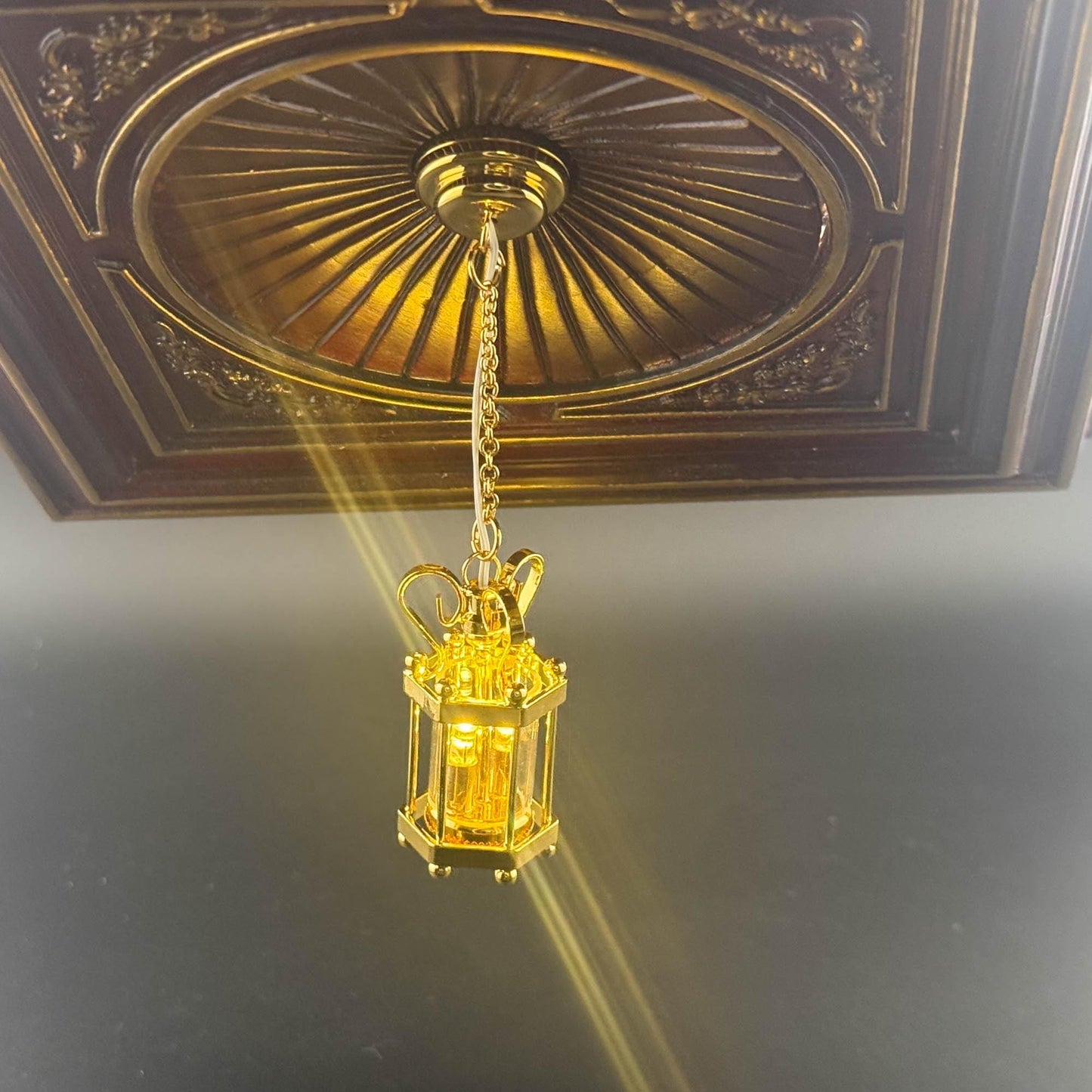 Miniature brass ceiling lamp Touchless operation with wand Hexagon carriage metal LED  light 1:12 scale for dollhouse No-touch No-Switch