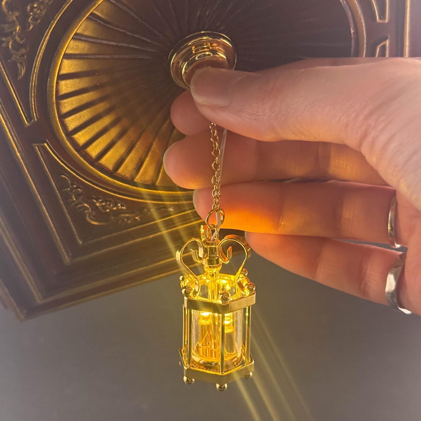 Miniature brass ceiling lamp Touchless operation with wand Hexagon carriage metal LED  light 1:12 scale for dollhouse No-touch No-Switch