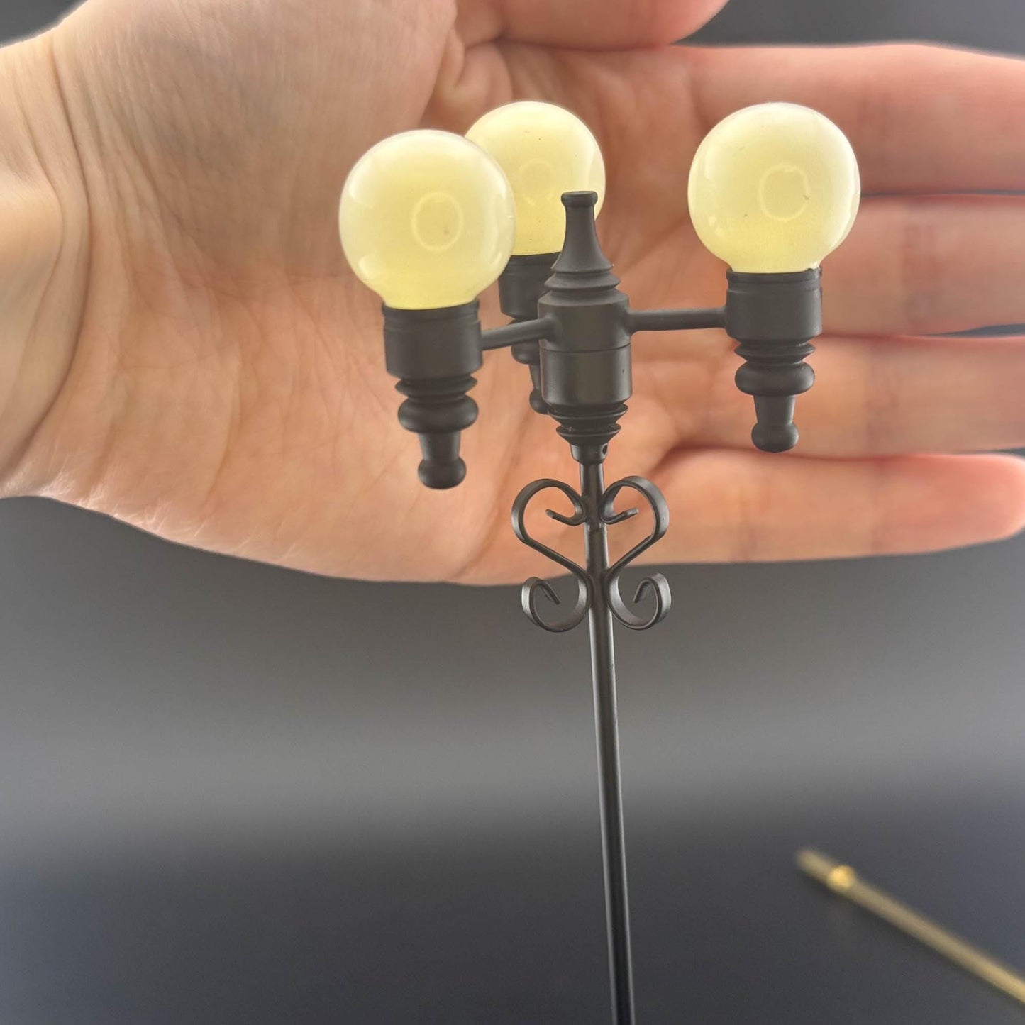 Miniature 8"H  triple globes street LED LAMP Dollhouse light sensor Touchless operation 1:12 matt black with magic magnetic wand- no switch