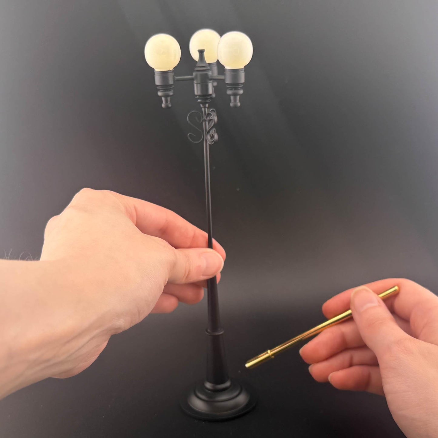 Miniature 8"H  triple globes street LED LAMP Dollhouse light sensor Touchless operation 1:12 matt black with magic magnetic wand- no switch