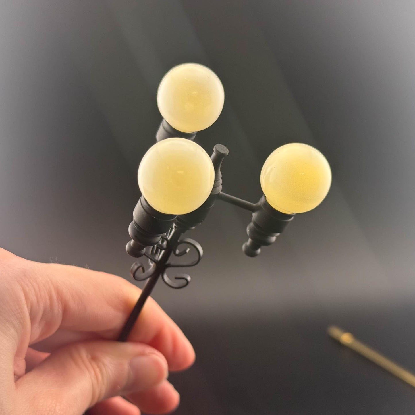 Miniature 8"H  triple globes street LED LAMP Dollhouse light sensor Touchless operation 1:12 matt black with magic magnetic wand- no switch