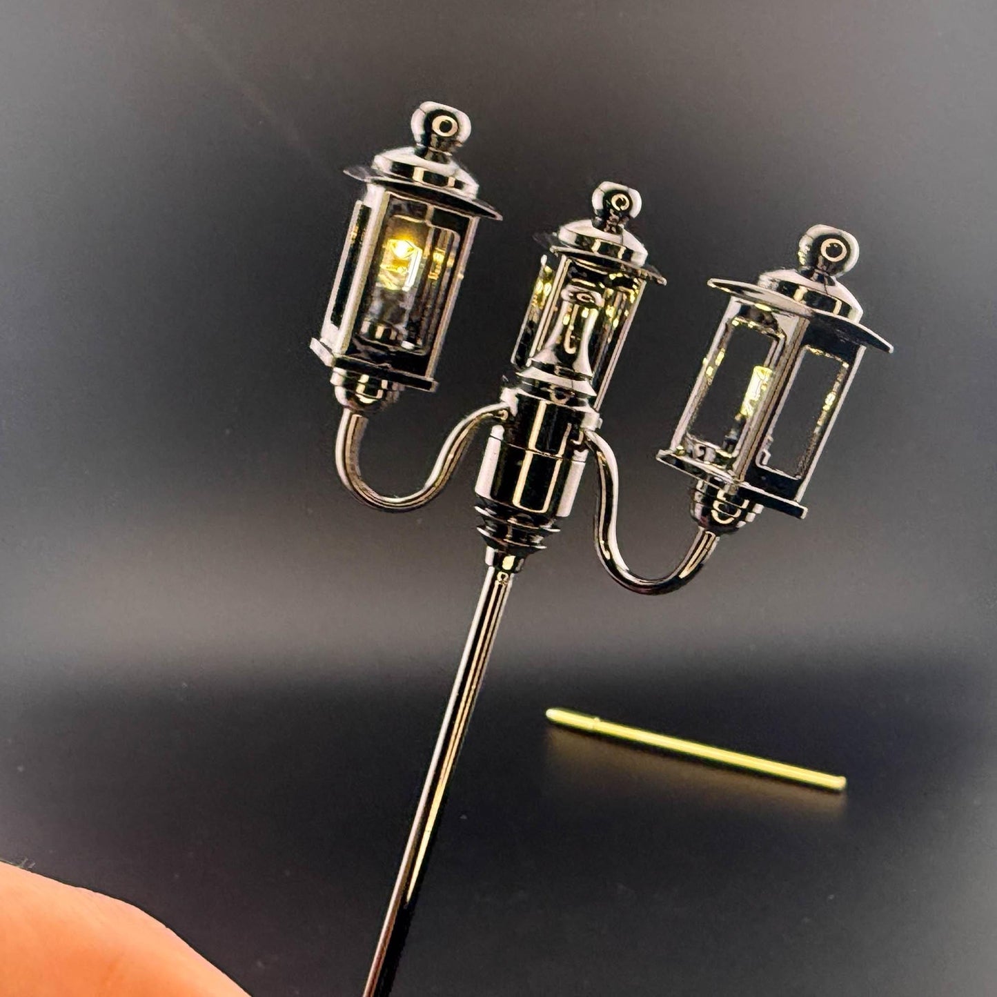 1:12 Scale Miniature Triple 3-Arm Carriage Lamp – 8” H, Gunmetal Black, Touchless Sensor with Wand, garden street light dollhouse