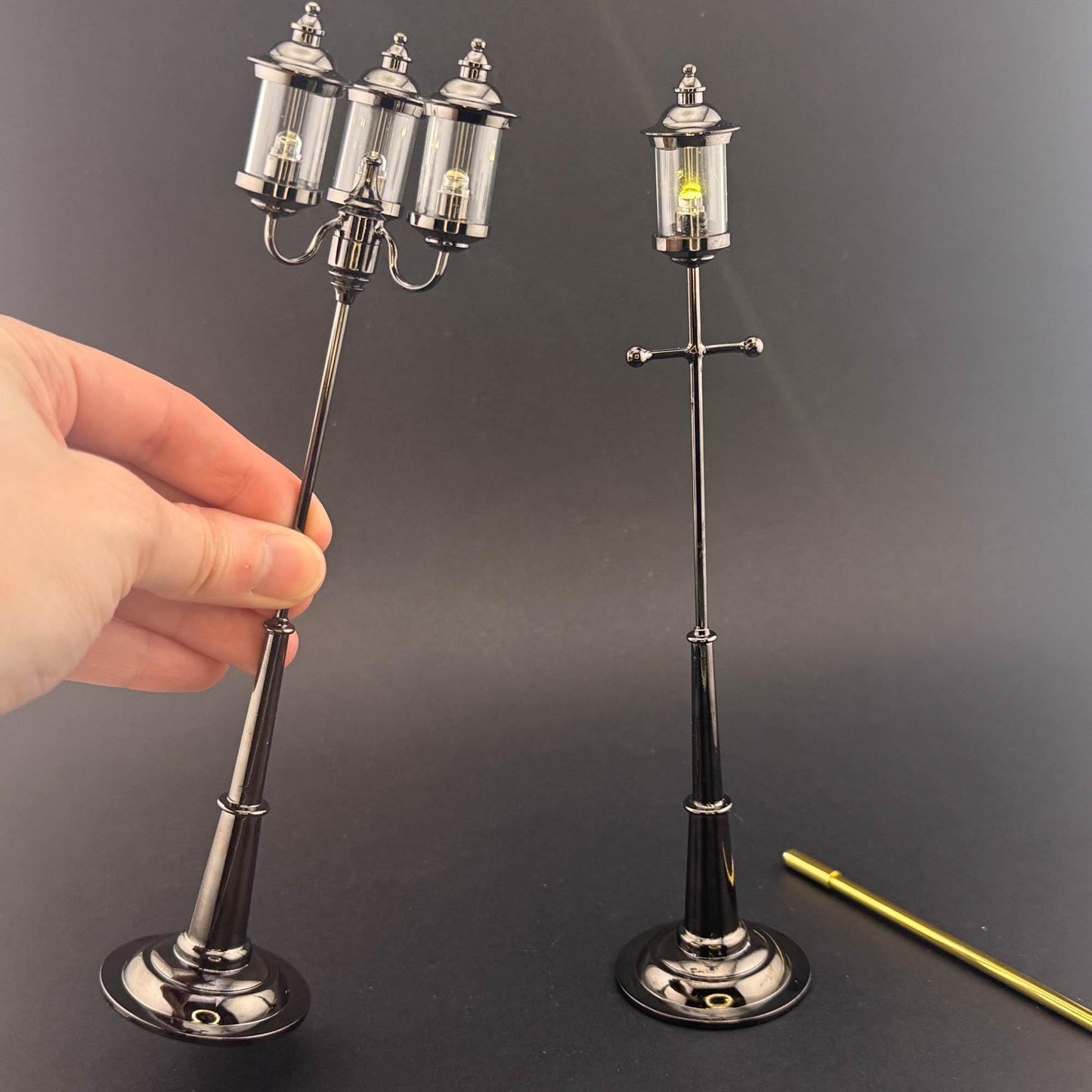 1:12 Scale Miniature Triple 3-Arm birdcage Lamp – 8” H, Gunmetal Black, Touchless Sensor with Wand, garden street light dollhouse