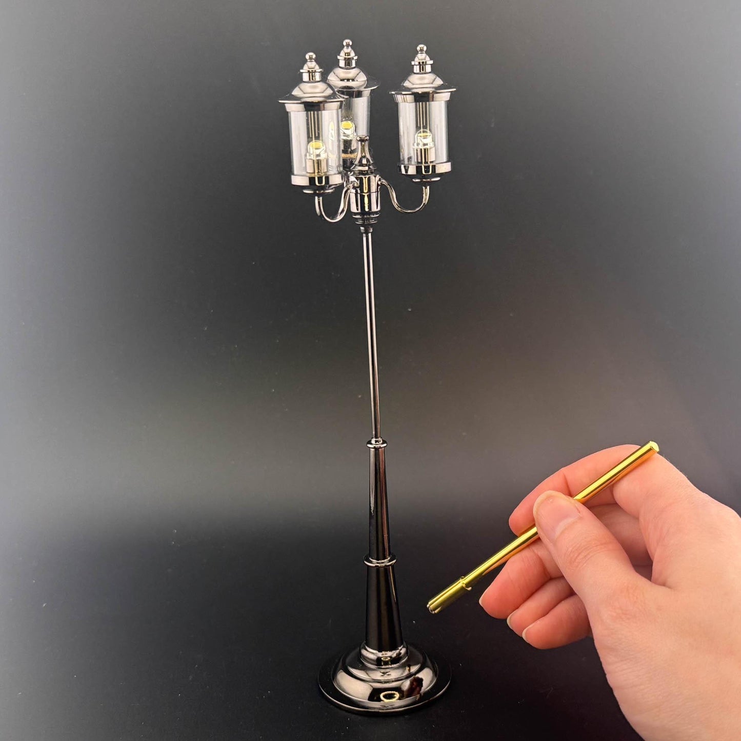 1:12 Scale Miniature Triple 3-Arm birdcage Lamp – 8” H, Gunmetal Black, Touchless Sensor with Wand, garden street light dollhouse