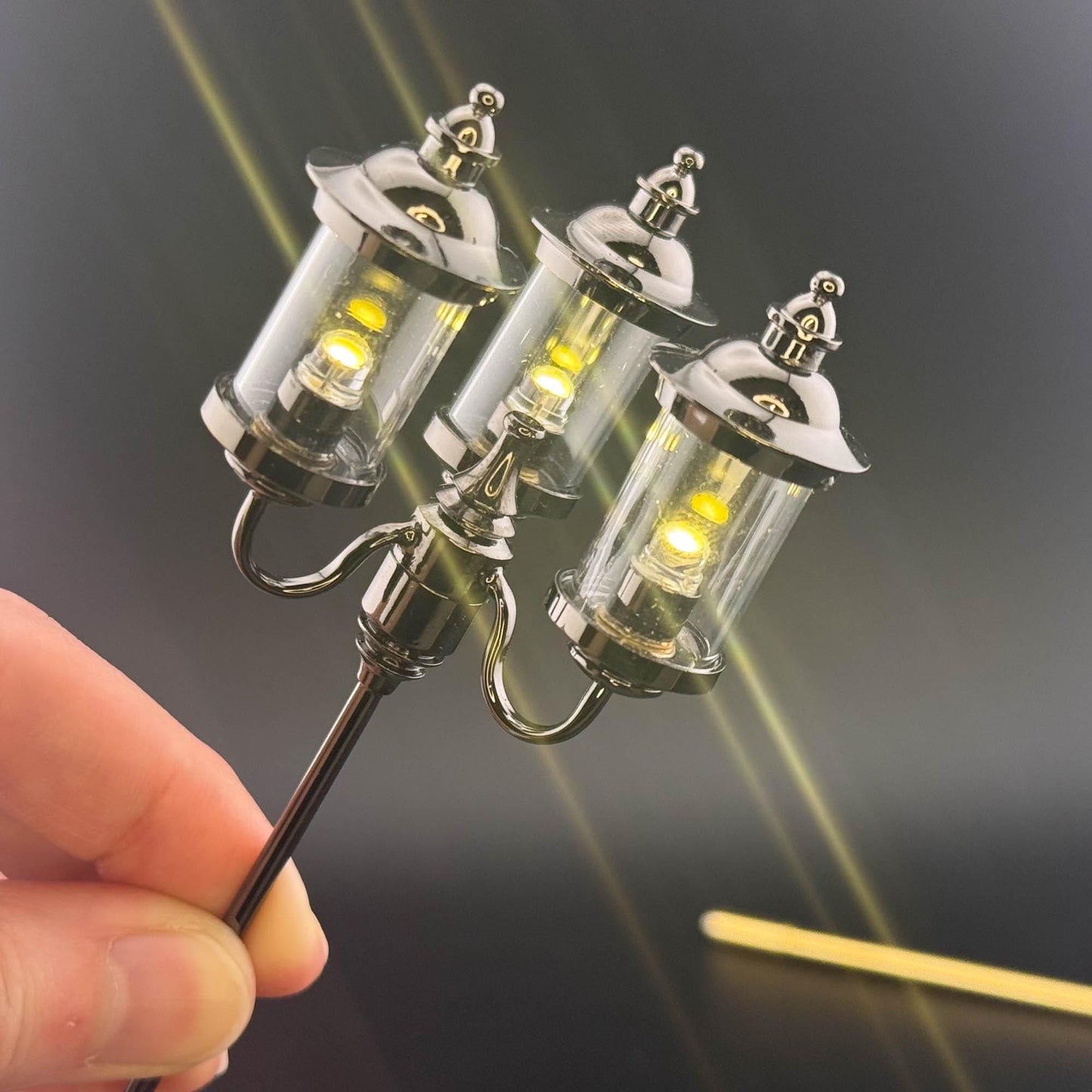 1:12 Scale Miniature Triple 3-Arm birdcage Lamp – 8” H, Gunmetal Black, Touchless Sensor with Wand, garden street light dollhouse