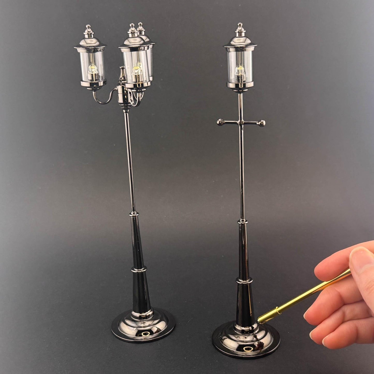 1:12 Scale Miniature  birdcage Lamp – 8” H, Gunmetal Black, Touchless Sensor with Wand, garden street light dollhouse