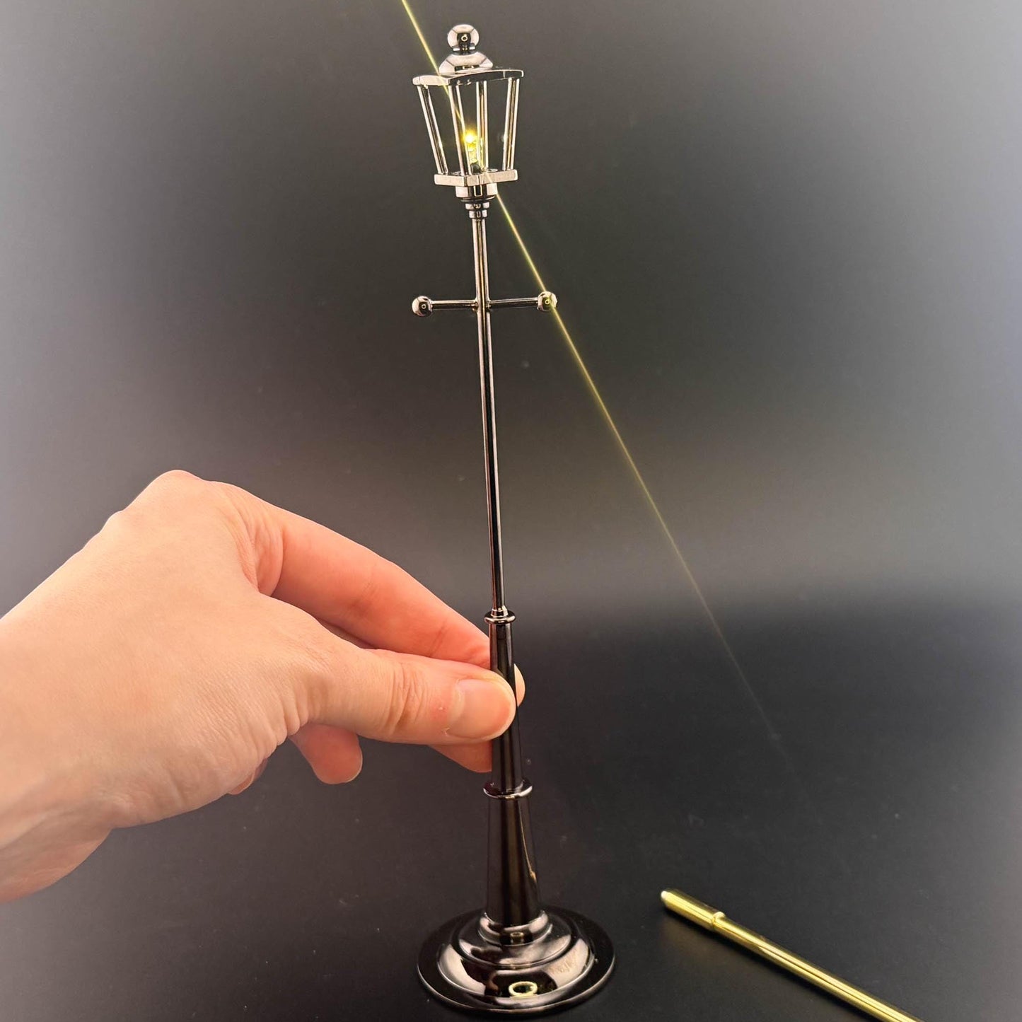 1:12 Scale Miniature Carriage Lamp – 8” H, Gunmetal Black, Touchless Sensor with Wand, Garden Street Light Dollhouse