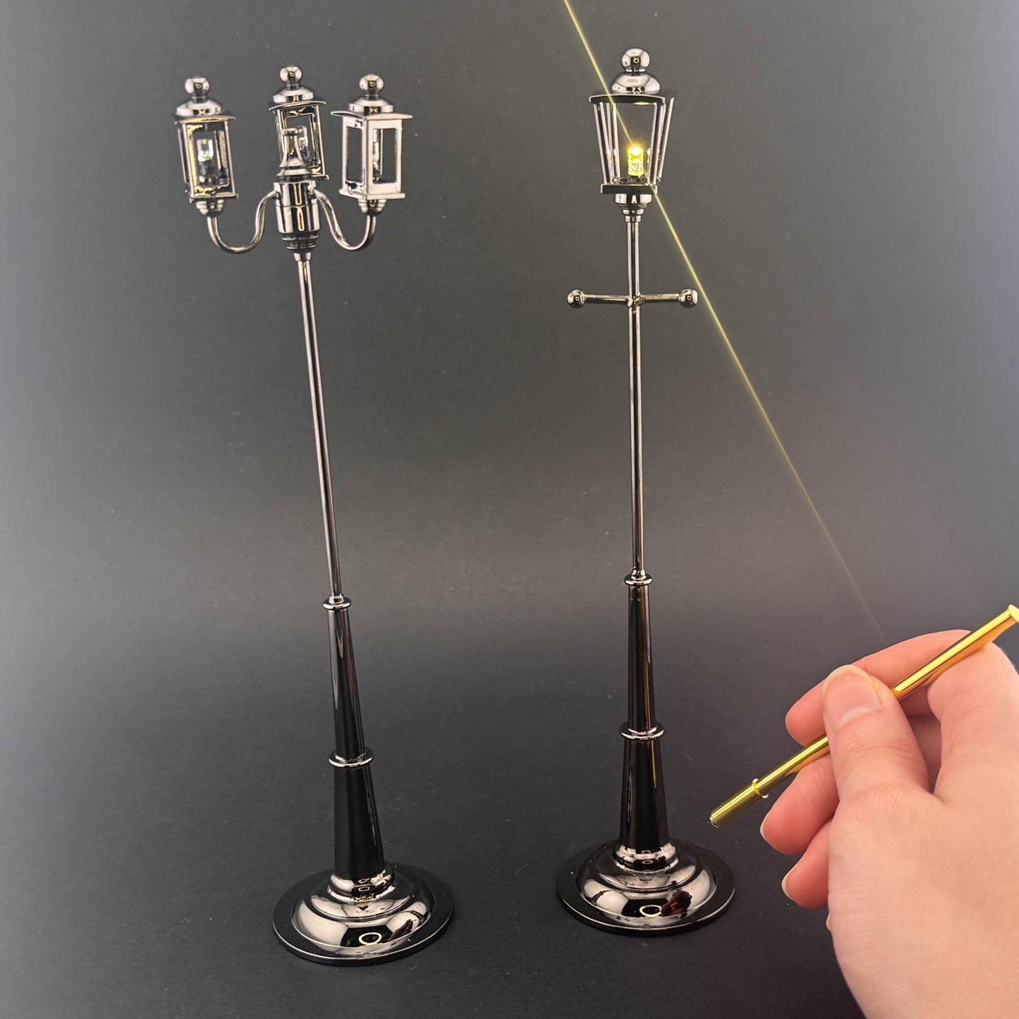 1:12 Scale Miniature Carriage Lamp – 8” H, Gunmetal Black, Touchless Sensor with Wand, Garden Street Light Dollhouse