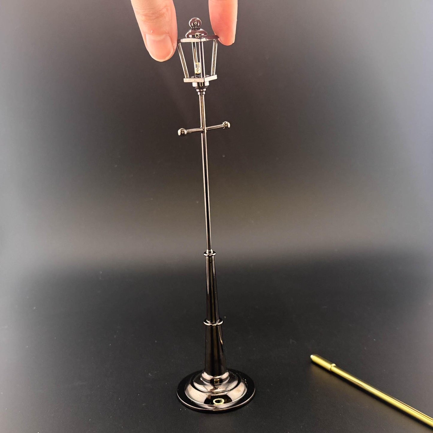 1:12 Scale Miniature Carriage Lamp – 8” H, Gunmetal Black, Touchless Sensor with Wand, Garden Street Light Dollhouse