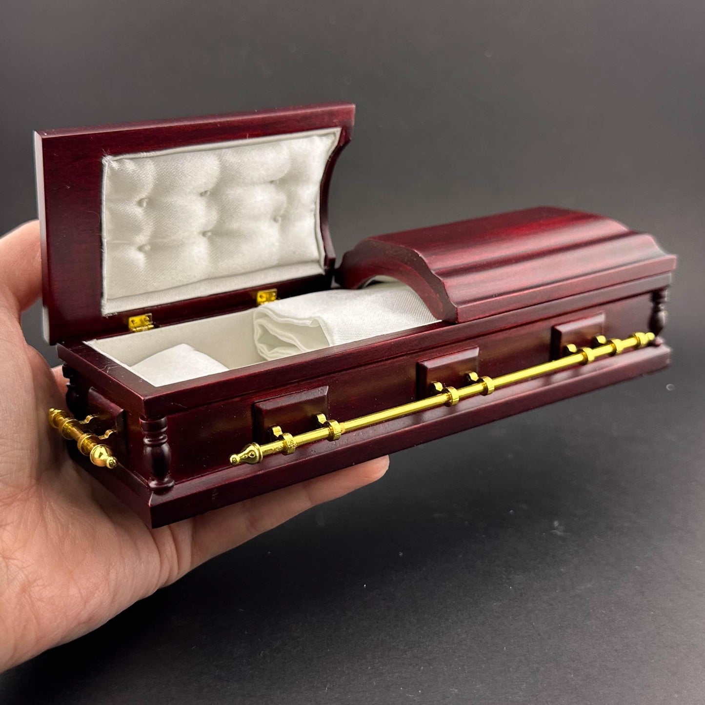 1:12 Scale Wooden miniature coffin casket Mahogany color with brass metal rod handles dollhouse Funeral buried