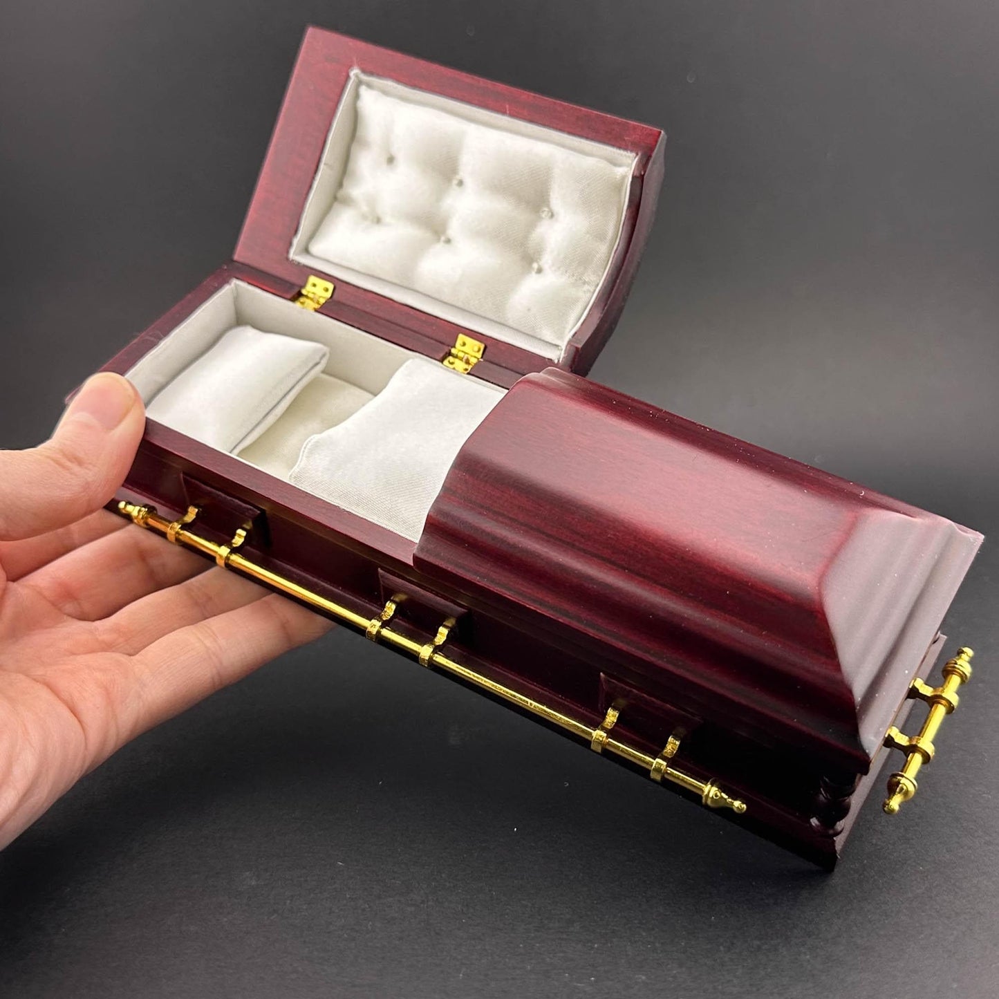 1:12 Scale Wooden miniature coffin casket Mahogany color with brass metal rod handles dollhouse Funeral buried