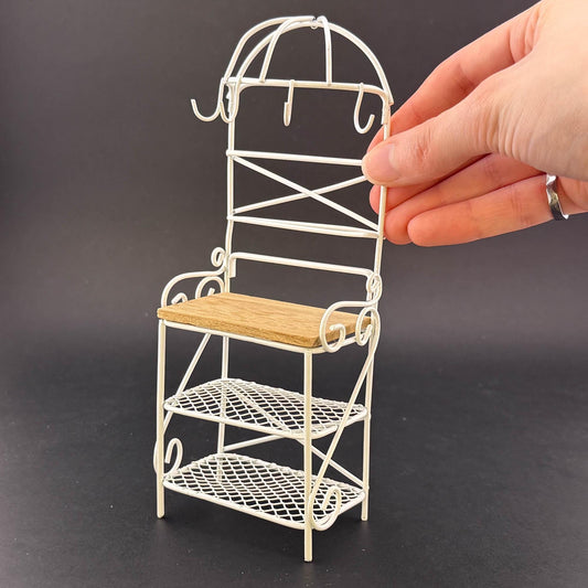 Miniature Victorian Wire Shelf with hanging hooks – 1:12 Scale White Wire for Dollhouse Garden or Kitchen