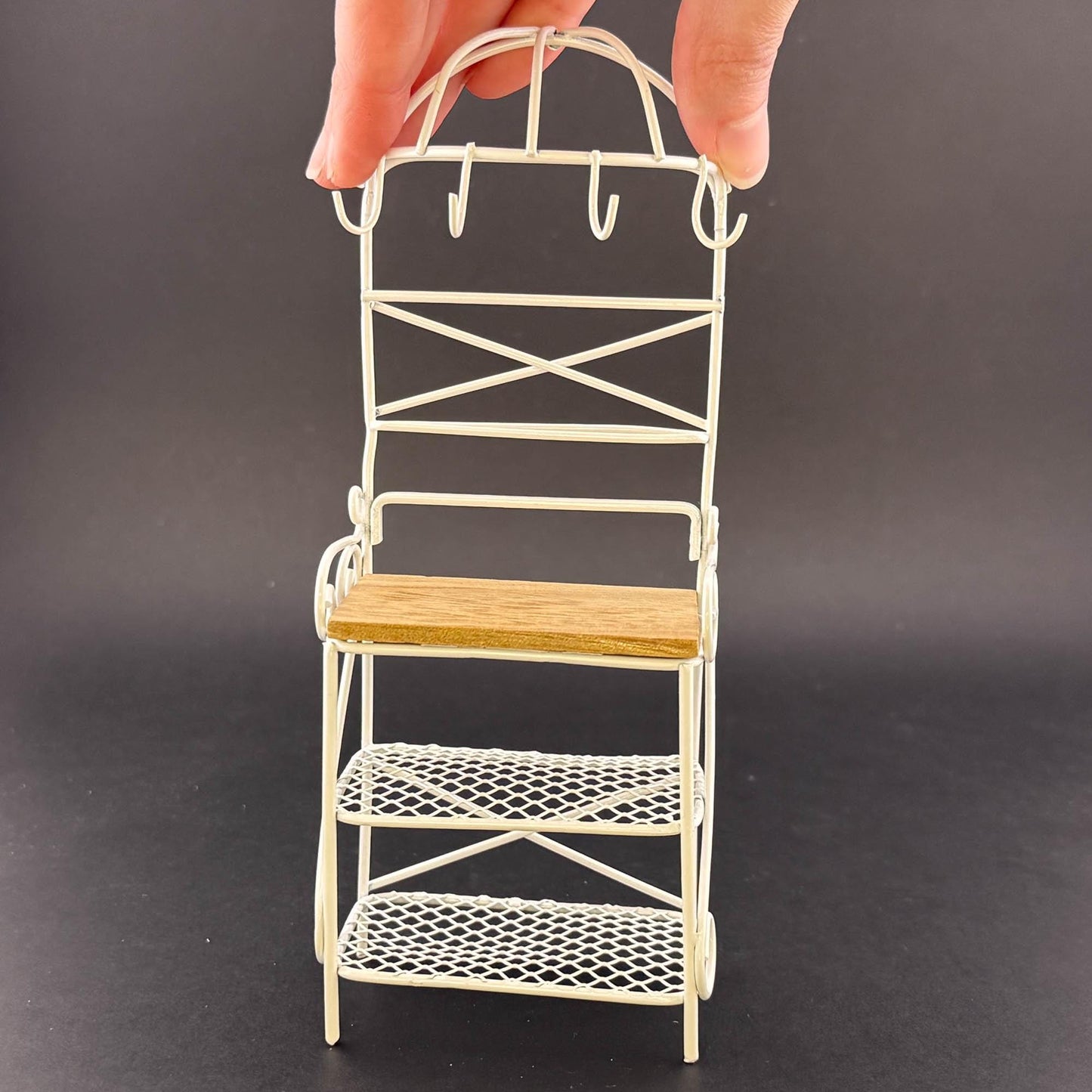 Miniature Victorian Wire Shelf with hanging hooks – 1:12 Scale White Wire for Dollhouse Garden or Kitchen