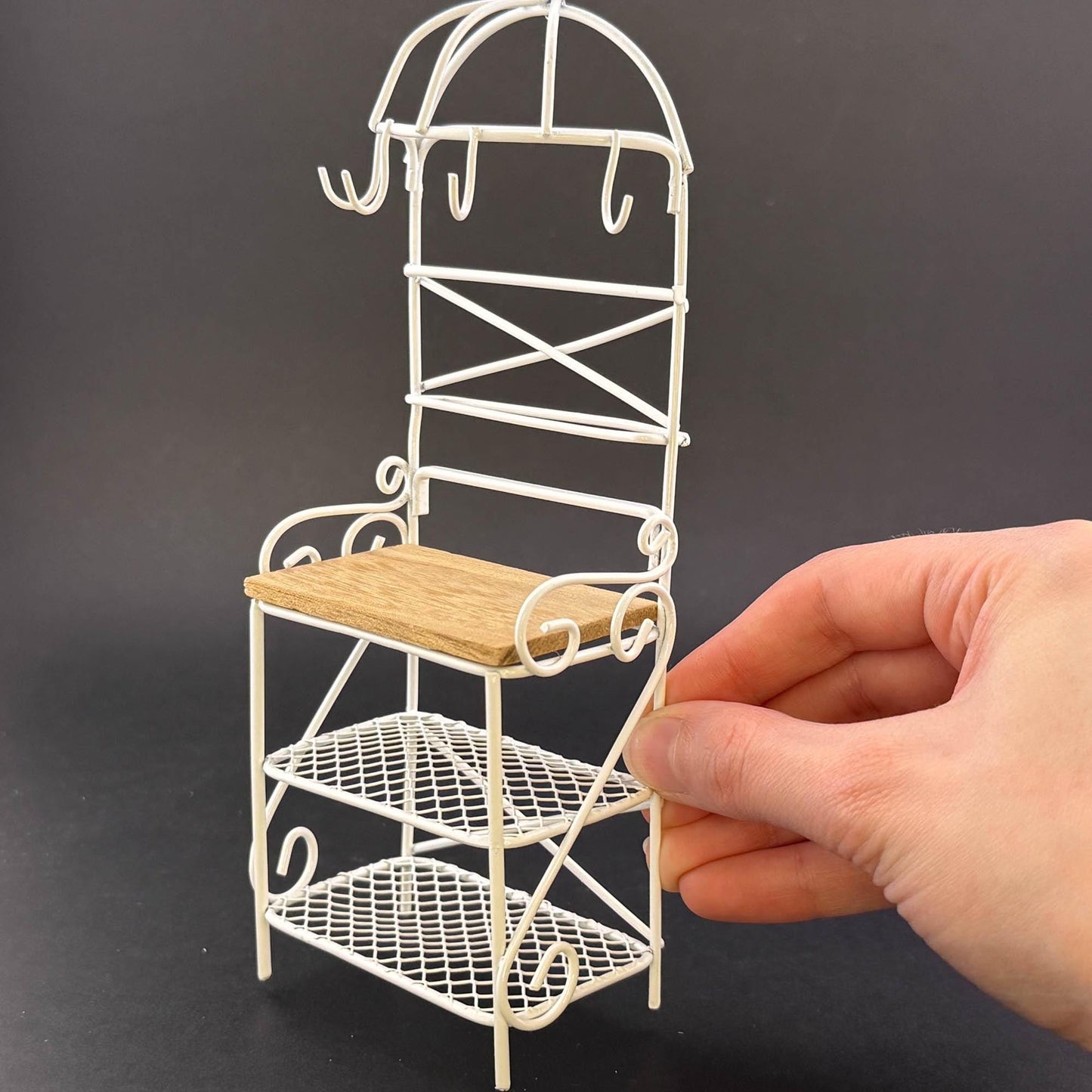 Miniature Victorian Wire Shelf with hanging hooks – 1:12 Scale White Wire for Dollhouse Garden or Kitchen