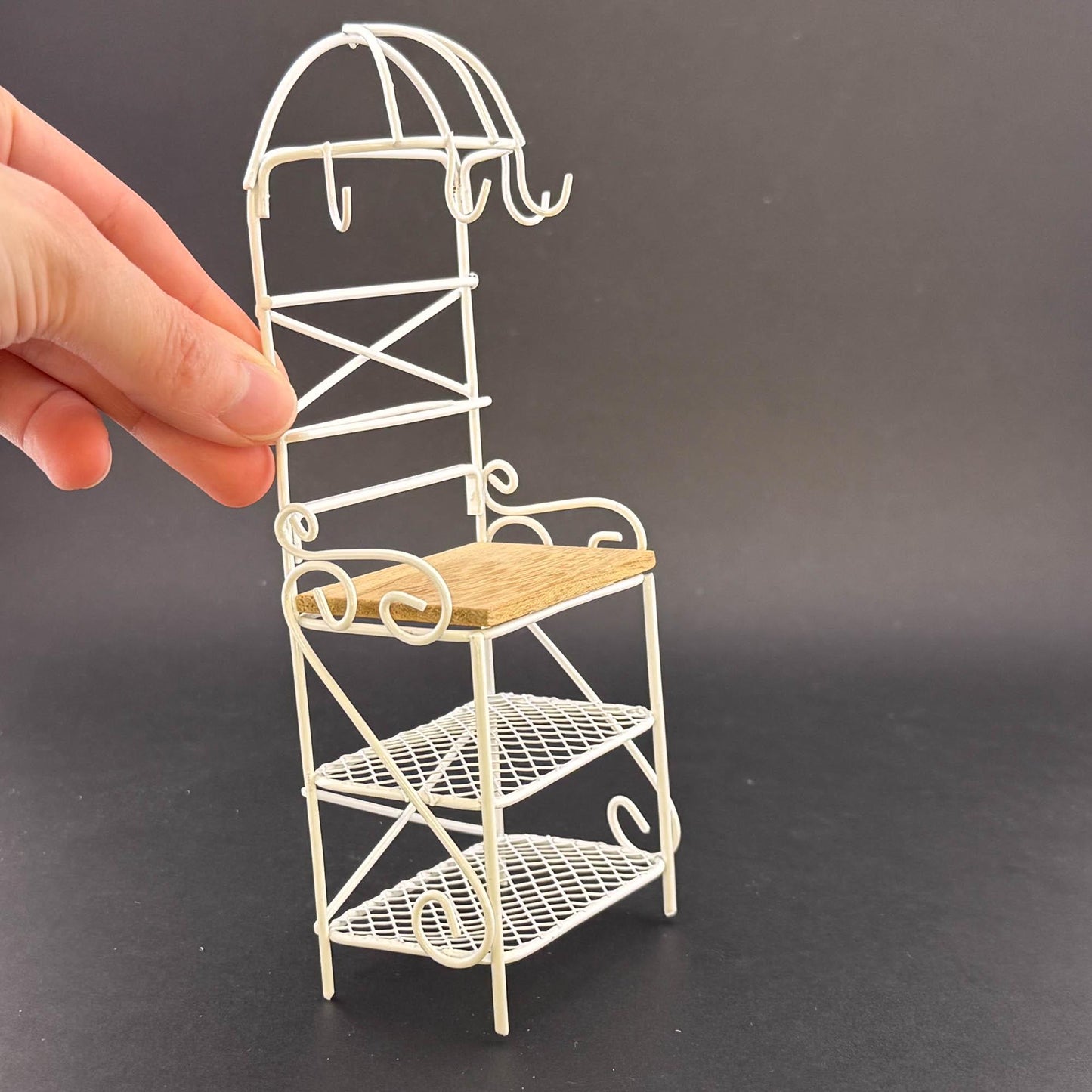 Miniature Victorian Wire Shelf with hanging hooks – 1:12 Scale White Wire for Dollhouse Garden or Kitchen