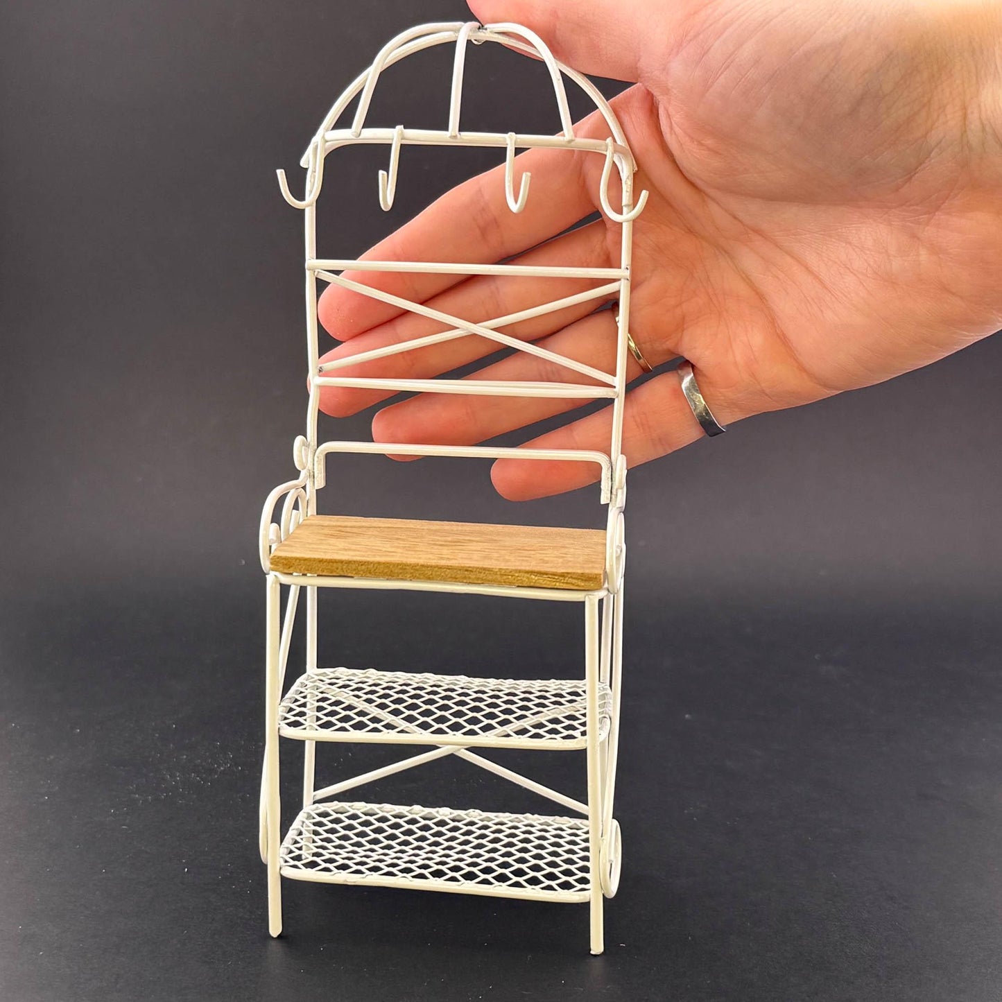 Miniature Victorian Wire Shelf with hanging hooks – 1:12 Scale White Wire for Dollhouse Garden or Kitchen