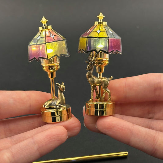 Romantic His and Hers miniature Pair of Dollhouse Lamps Touchless operation with Wand bedroom LED 1:12 Tiffany light Stag, Doe Tiffany deer