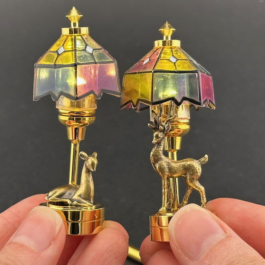 Romantic His and Hers miniature Pair of Dollhouse Lamps Touchless operation with Wand bedroom LED 1:12 Tiffany light Stag, Doe Tiffany deer