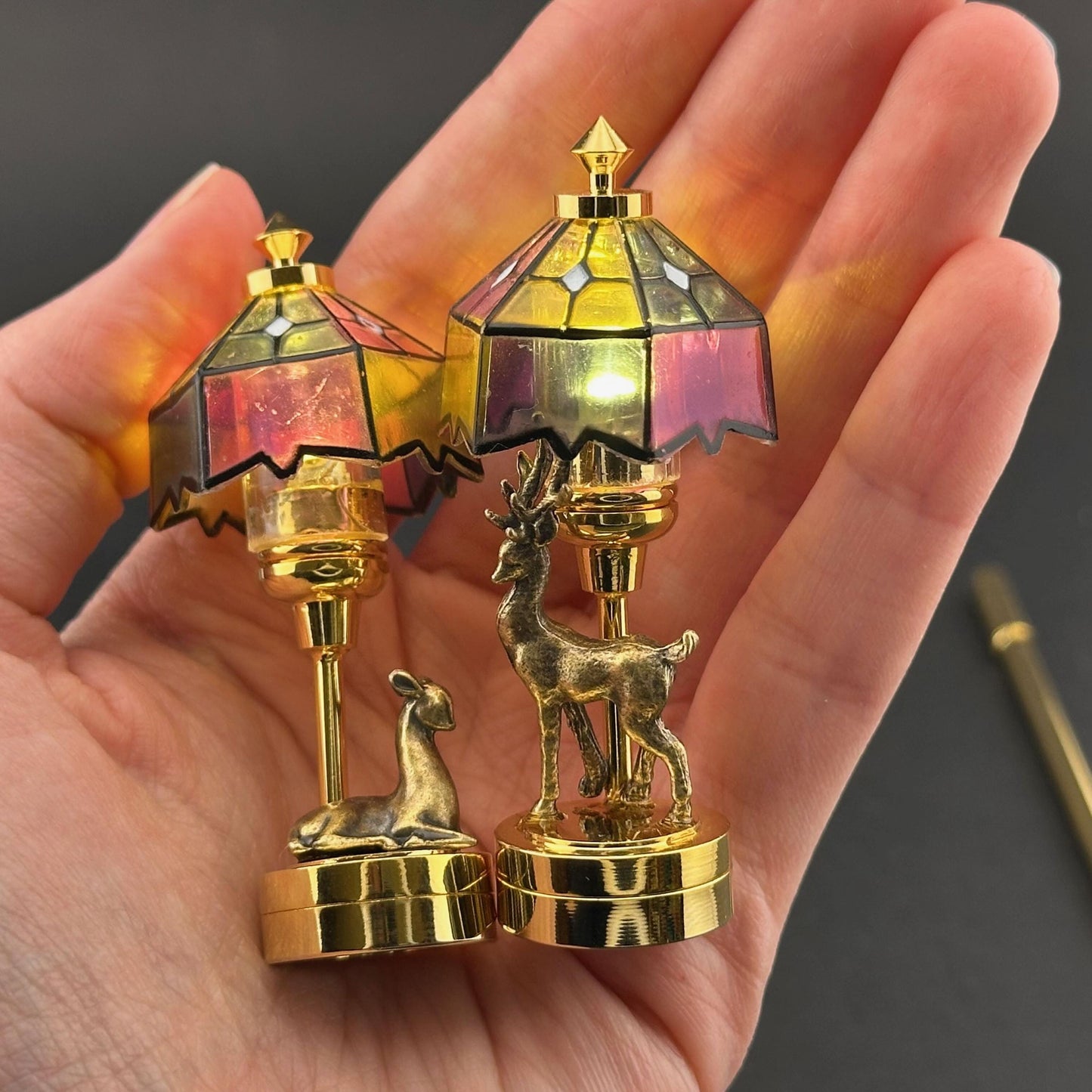 Romantic His and Hers miniature Pair of Dollhouse Lamps Touchless operation with Wand bedroom LED 1:12 Tiffany light Stag, Doe Tiffany deer