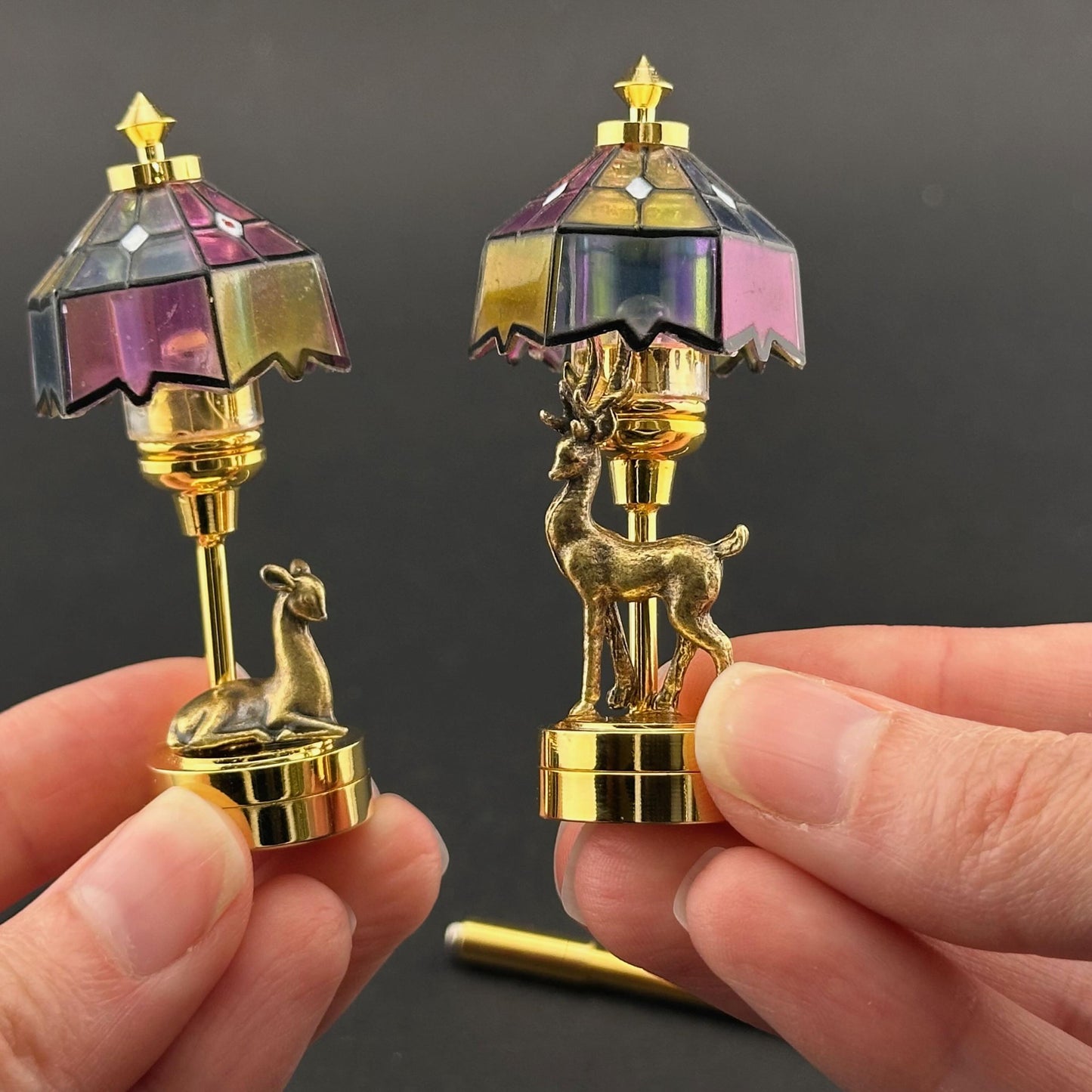Romantic His and Hers miniature Pair of Dollhouse Lamps Touchless operation with Wand bedroom LED 1:12 Tiffany light Stag, Doe Tiffany deer