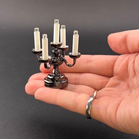 Miniature Touchless operation with Wand  1:12 table lamp LED for Dollhouse No-touch No-Switch Black candelabra with five candles candlestick